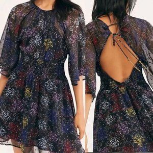 Free People Women Anna Mini Dress S Chiffon Kimono Sleeve Black Floral Open Back